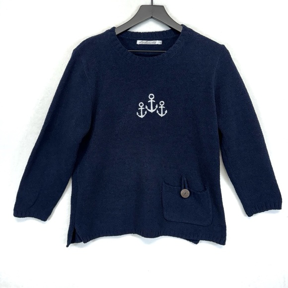 Lulu-B Sweaters - LULU B Sweater Womens Medium Blue White Nautical Anchor Coastal Pullover Beachy